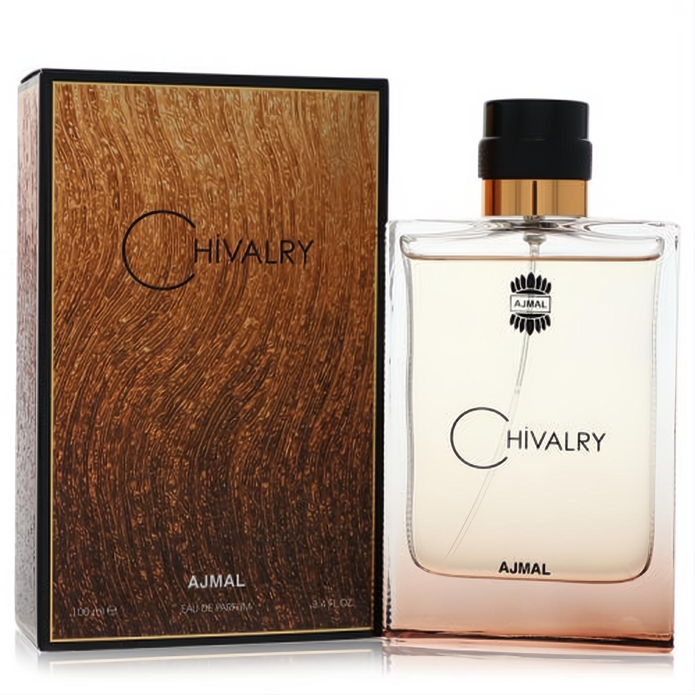 Ajmal Chivalry 3.4 oz men's Eau De Parfum. Clear glass bottle with black cap and gold accent, next to its elegant textured bronze box.
