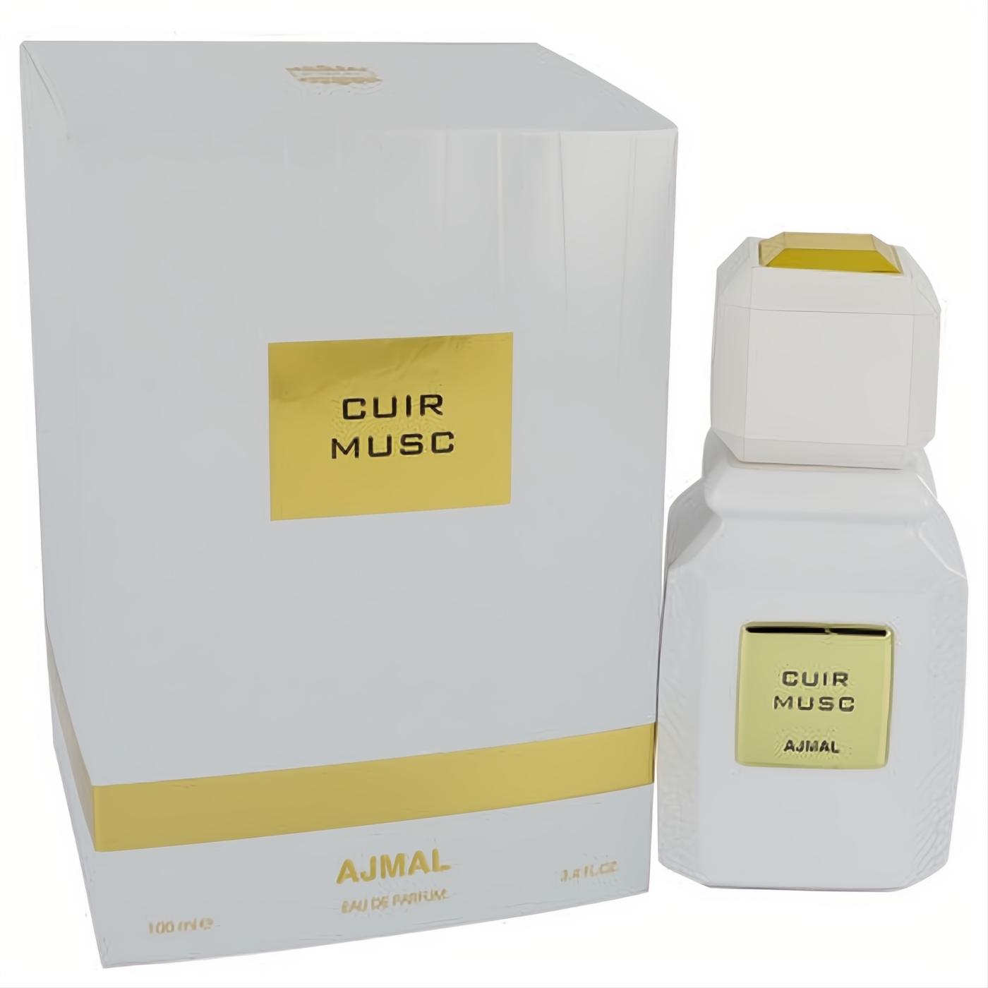 Ajmal Cuir Musc 3.4 oz unisex EDP. Modern white bottle with gold label and cap, next to its sleek matching white and gold box.