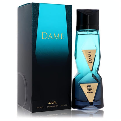 Ajmal Dame 3.4 oz Eau De Parfum. Stunning blue gradient bottle with gold accents and a sleek matching box.