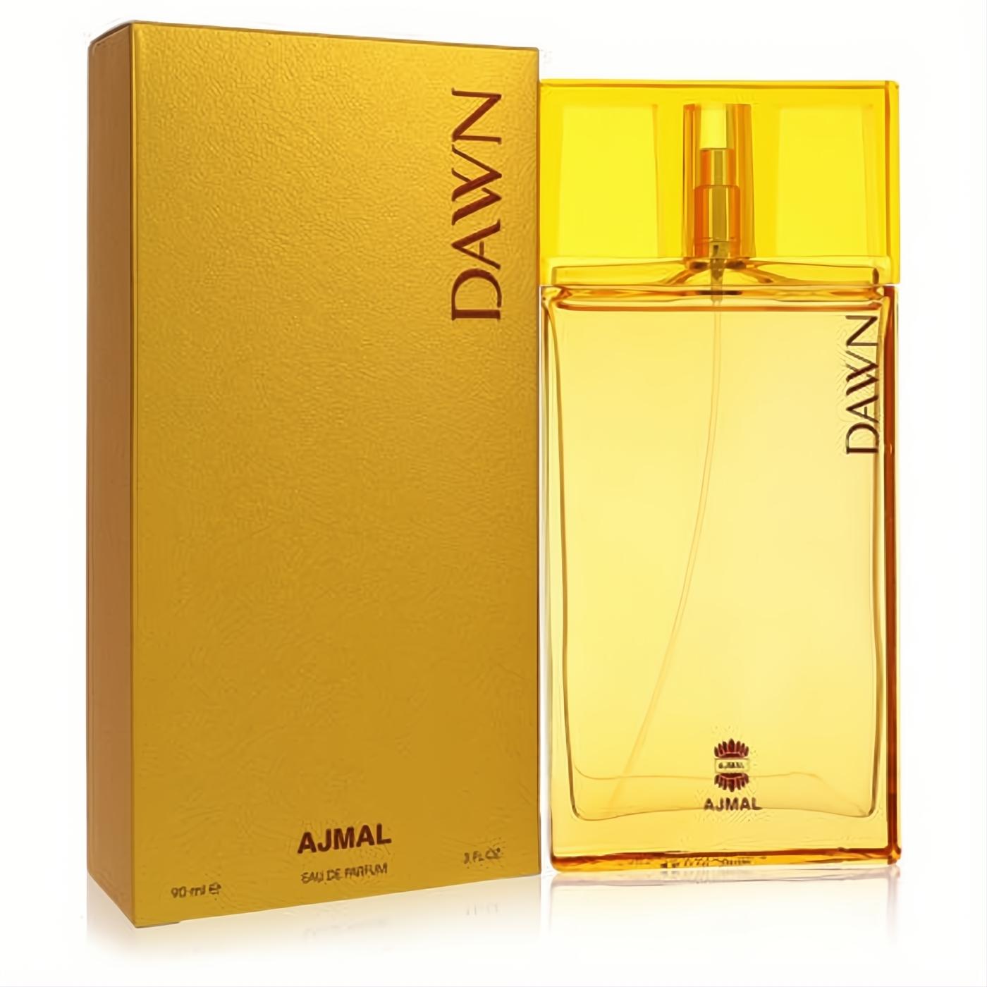Golden Ajmal Dawn 3 oz women's Eau De Parfum spray. Elegant rectangular bottle with a vibrant yellow cap and matching box.
