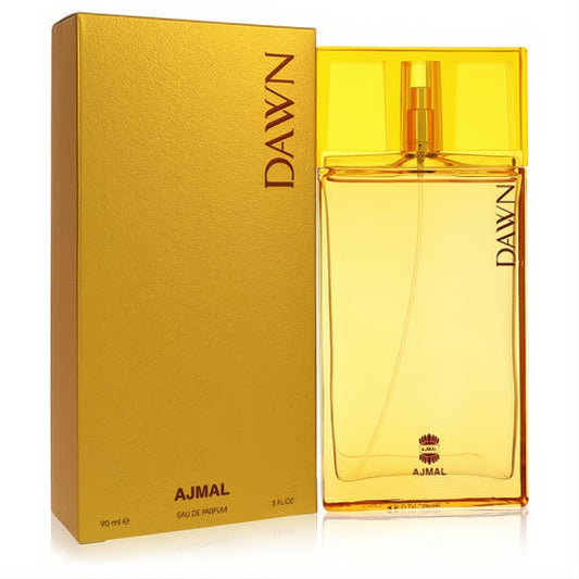 Golden Ajmal Dawn 3 oz women's Eau De Parfum spray. Elegant rectangular bottle with a vibrant yellow cap and matching box.