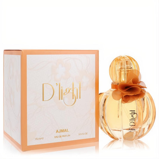 Captivating Ajmal D'light 2.5 oz women's perfume. Ribbed amber bottle with a peach floral accent, beside its elegant floral box.