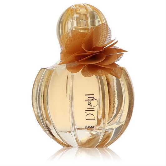 Luxurious Ajmal D'light women's 2.5 oz EDP spray in a stunning ribbed golden bottle with a delicate orange floral accent.