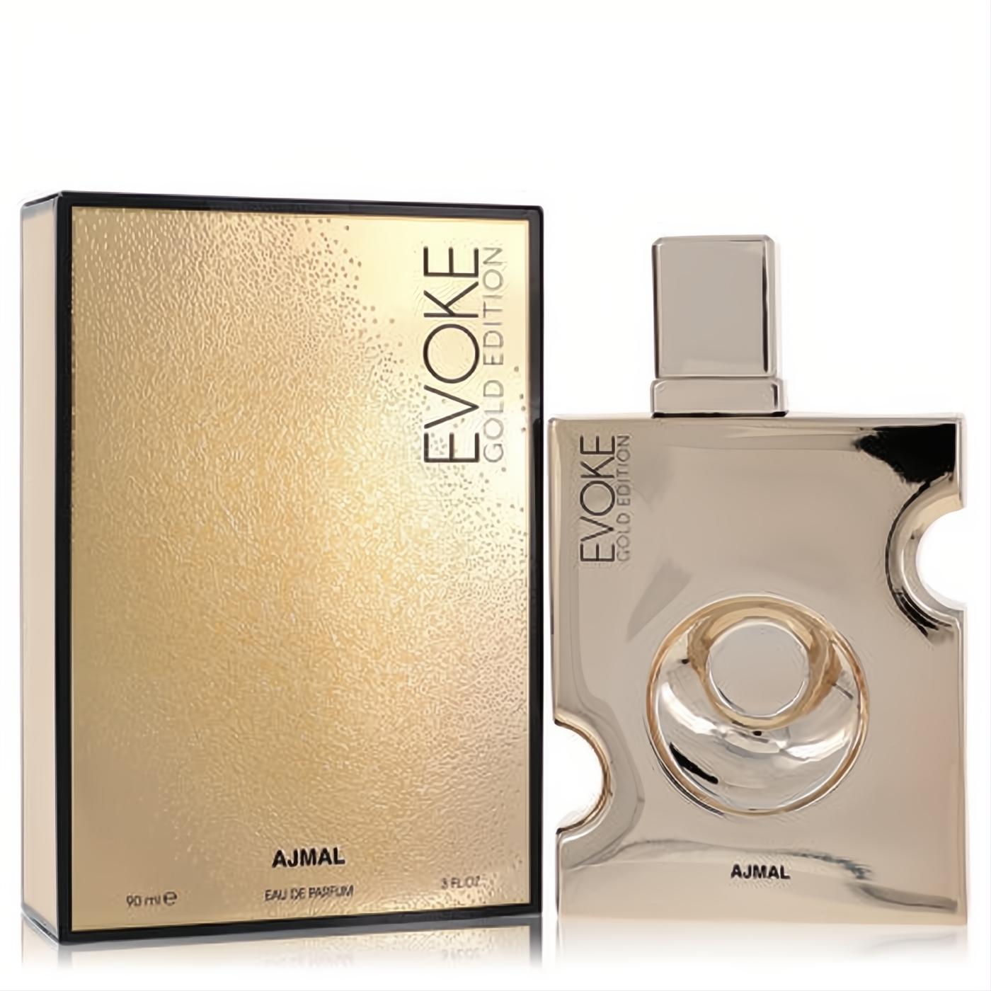 Experience Ajmal Evoke Gold Edition 3 oz men's EDP. Striking metallic gold bottle with unique cut-outs and elegant textured box.