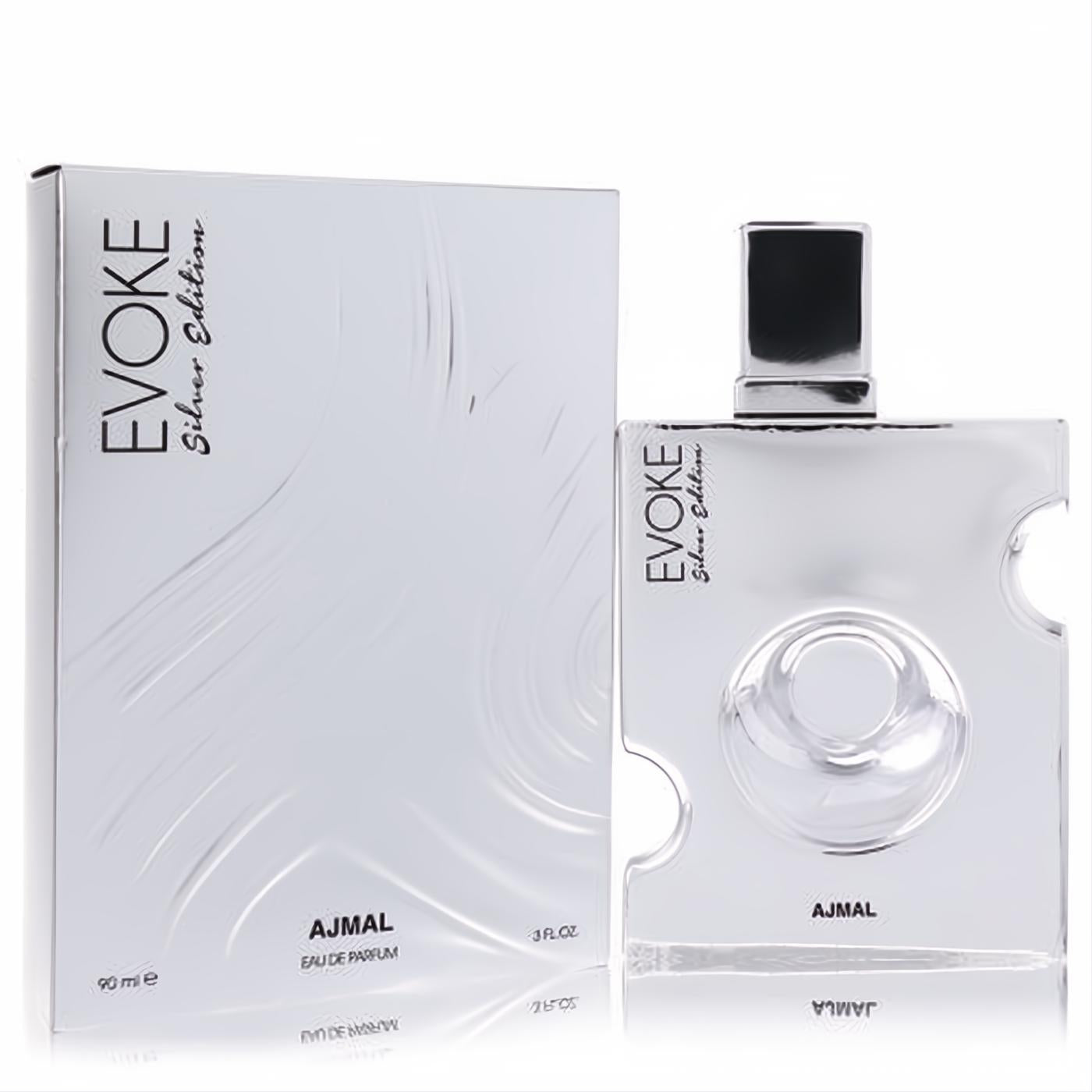 Discover Ajmal Evoke Silver Edition 3 oz men's EDP. Modern silver bottle with unique circular design and matching textured box.