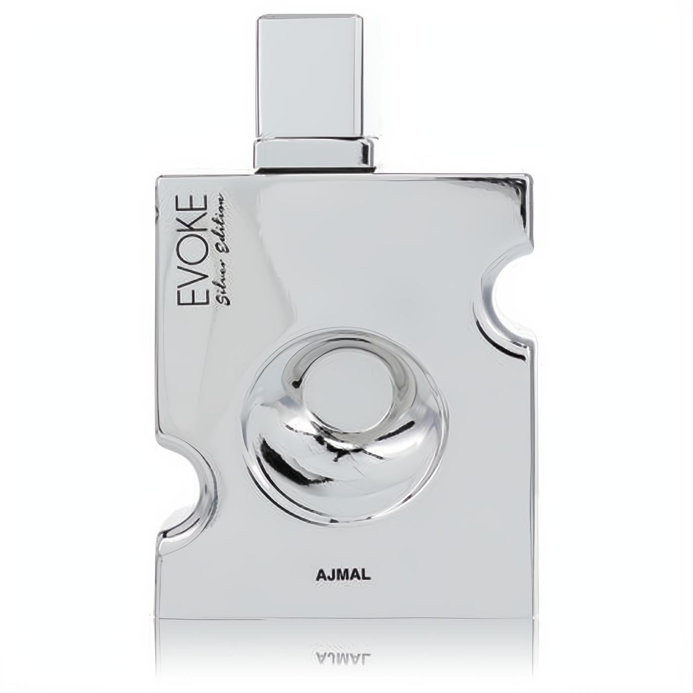 Experience Ajmal Evoke Silver Edition men's cologne. A sleek, modern silver bottle with unique sculpted details.