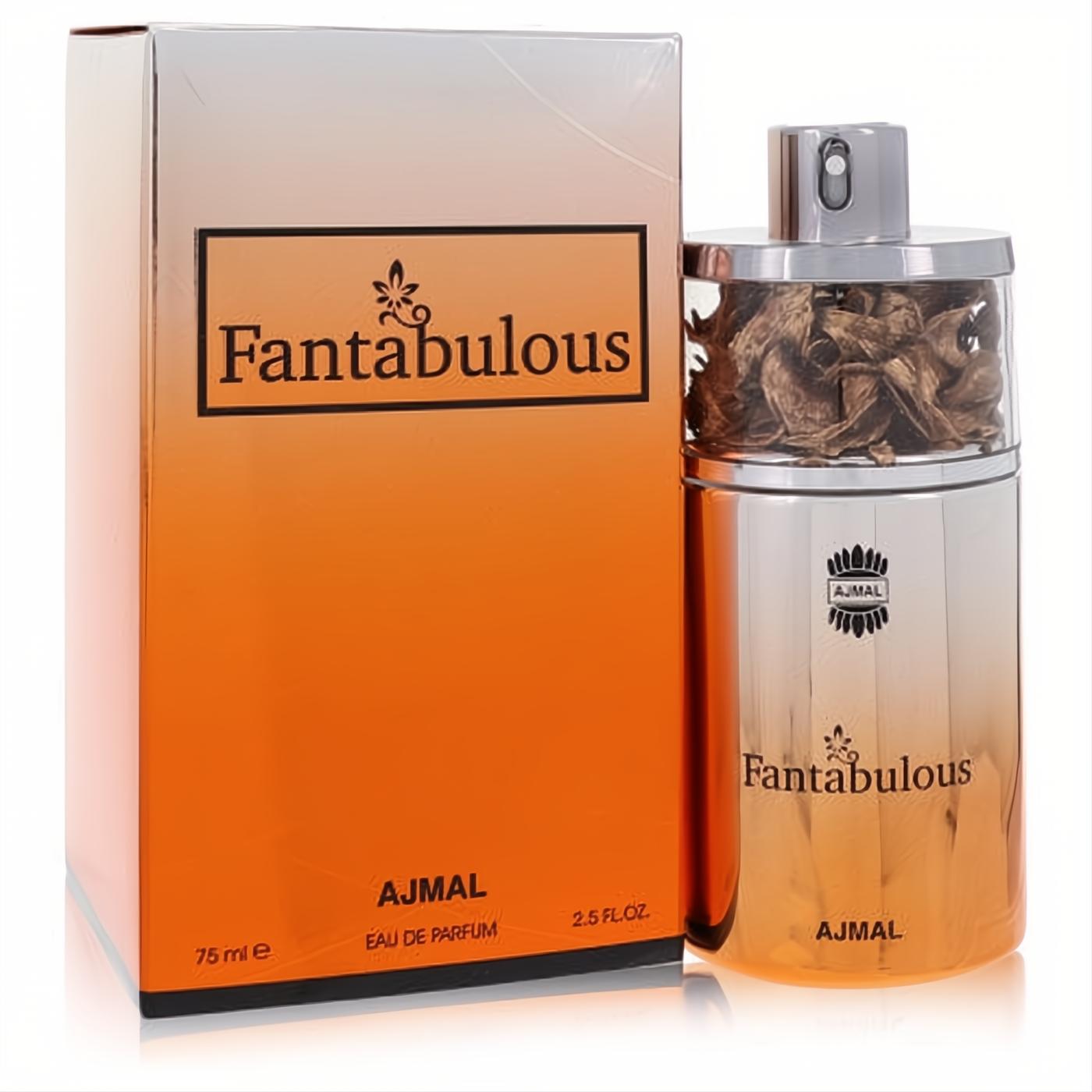 Ajmal Fantabulous 2.5 oz Eau De Parfum in a captivating ombre orange-silver bottle with exotic botanicals, alongside its matching box.