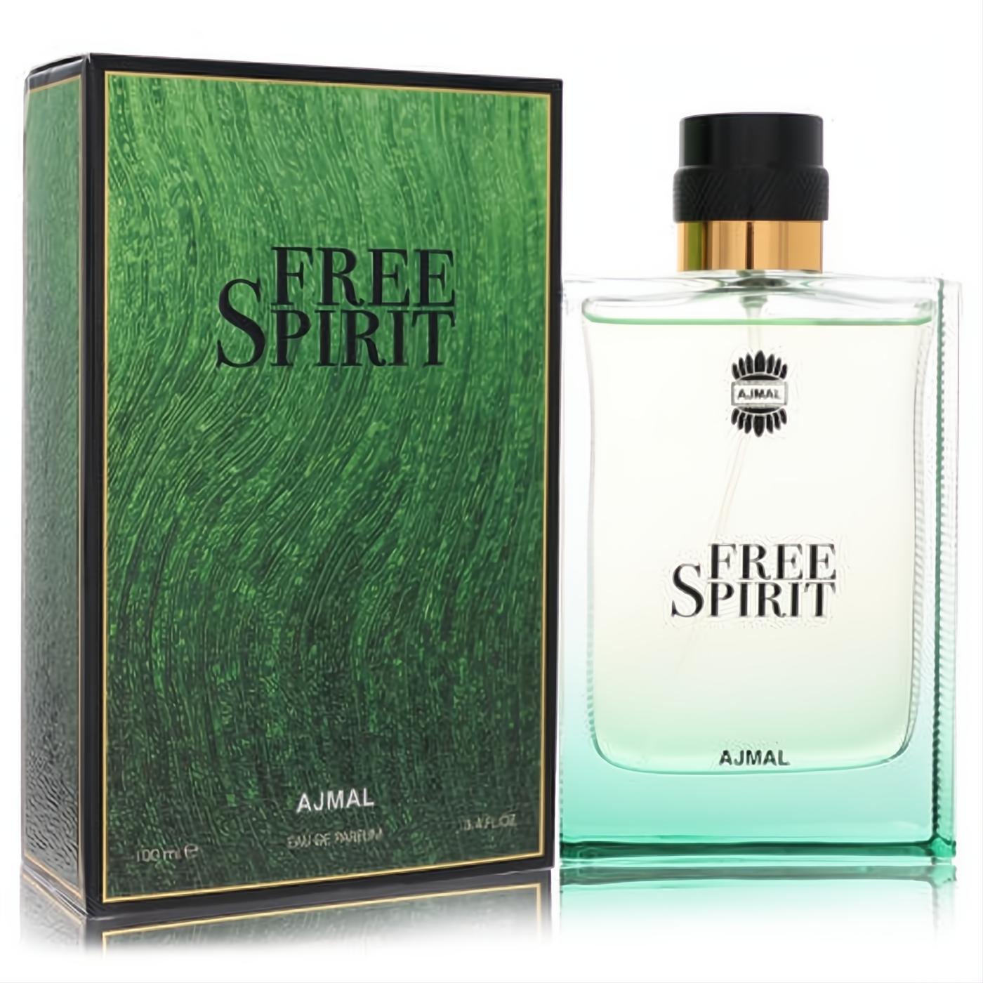 Ajmal Free Spirit 3.4 oz men's EDP, a sleek clear glass bottle with a teal gradient base, beside its vibrant green textured box with gold trim.