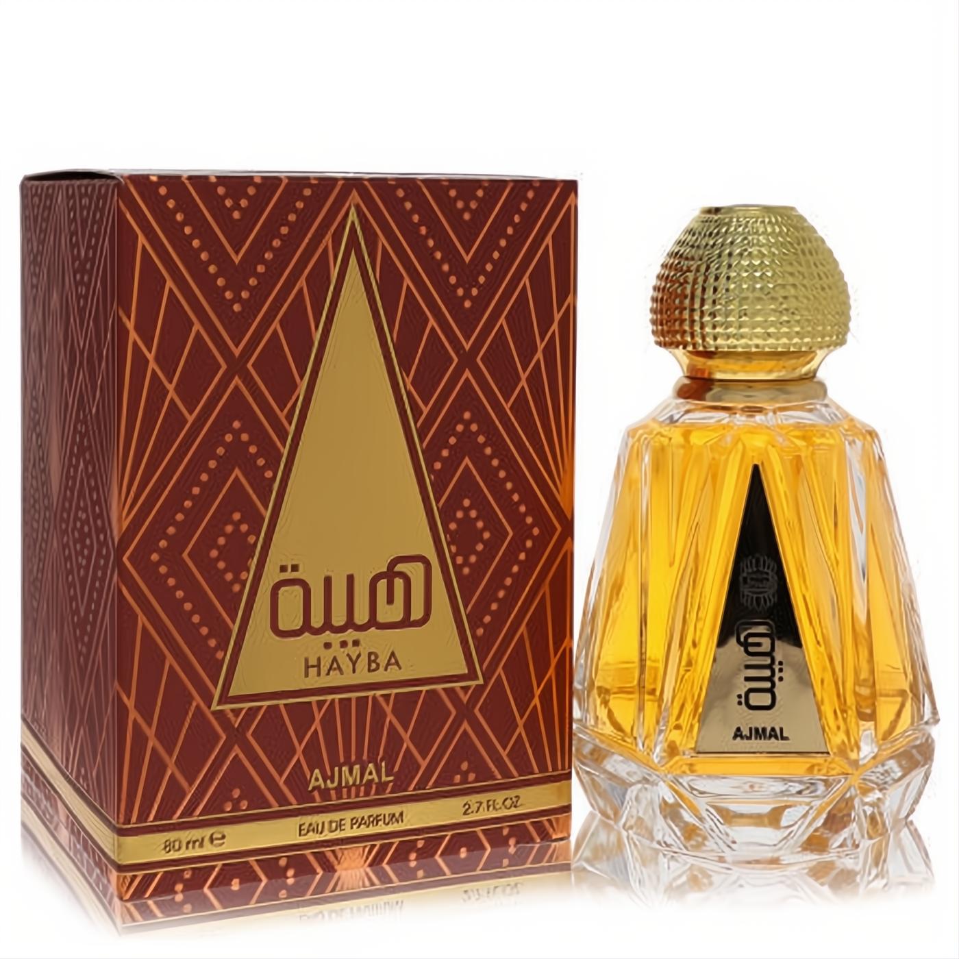 Ajmal Hayba unisex Eau De Parfum, 2.7 oz. Elegant faceted glass bottle with gold cap, next to a rich reddish-brown geometric box.