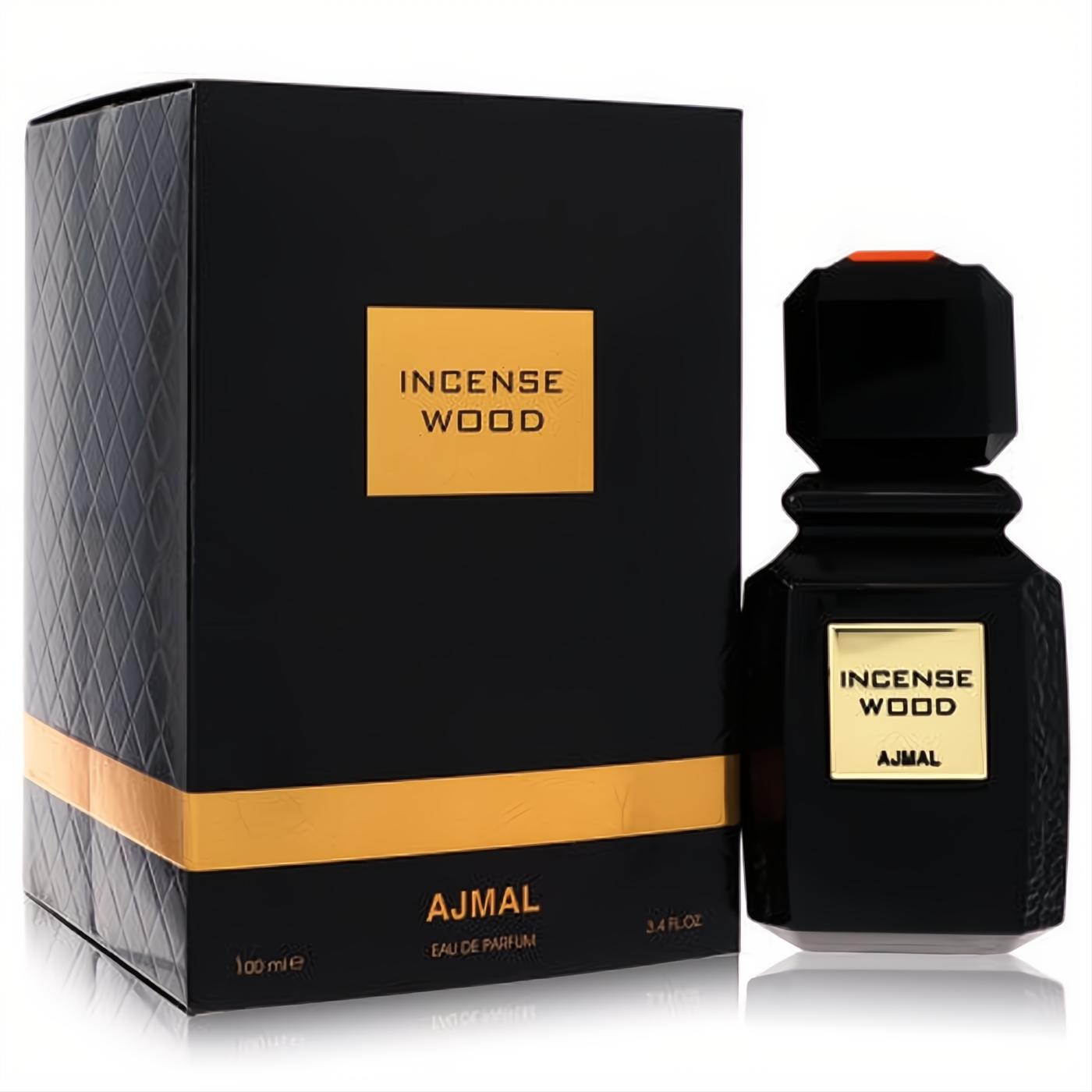 Elegant Ajmal Incense Wood 3.4 oz unisex Eau De Parfum fragrance. Luxurious black bottle with gold label and matching box.