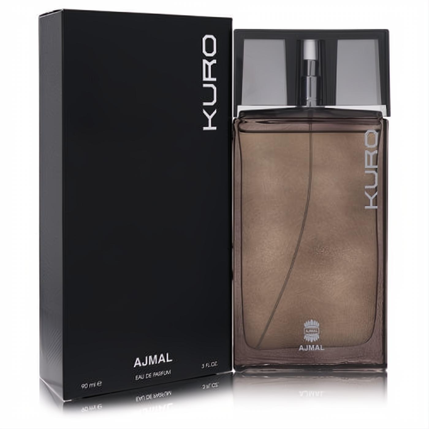 Ajmal Kuro 3 oz men's Eau De Parfum. Sleek glass bottle with warm amber liquid and a sophisticated black branded box.