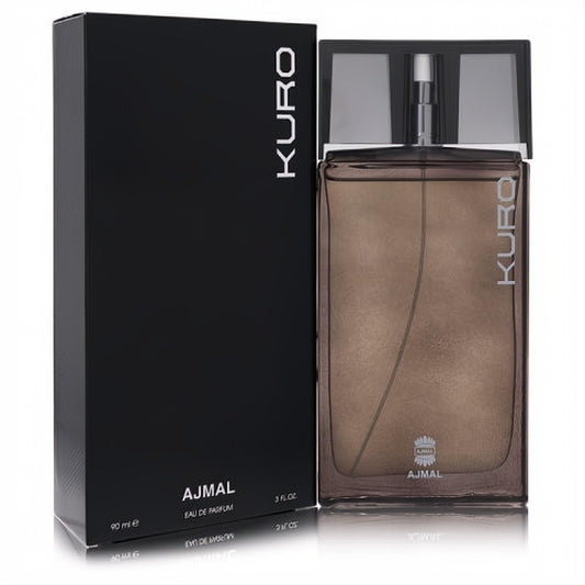 Ajmal Kuro 3 oz men's Eau De Parfum. Sleek glass bottle with warm amber liquid and a sophisticated black branded box.