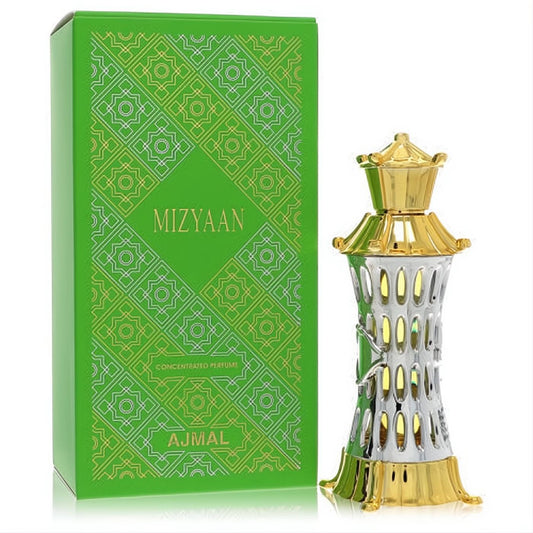 Ajmal Mizyaan .14 oz unisex perfume oil in a regal gold & silver ornate bottle, with a vibrant green patterned box.