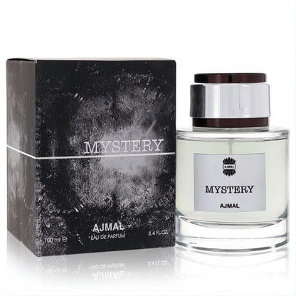 Ajmal Mystery 3.4 oz men's Eau De Parfum spray. Clear glass bottle, silver cap, and a bold black textured box.