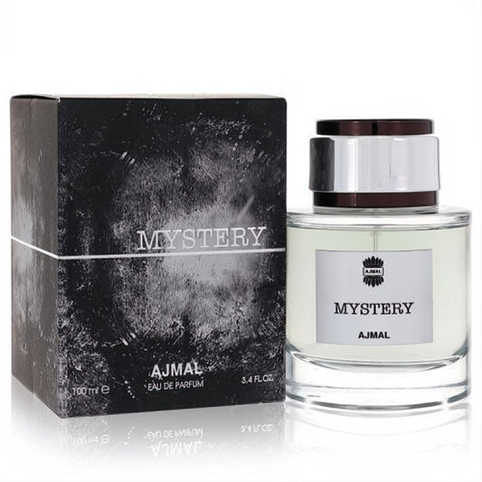 Ajmal Mystery 3.4 oz men's Eau De Parfum spray. Clear glass bottle, silver cap, and a bold black textured box.