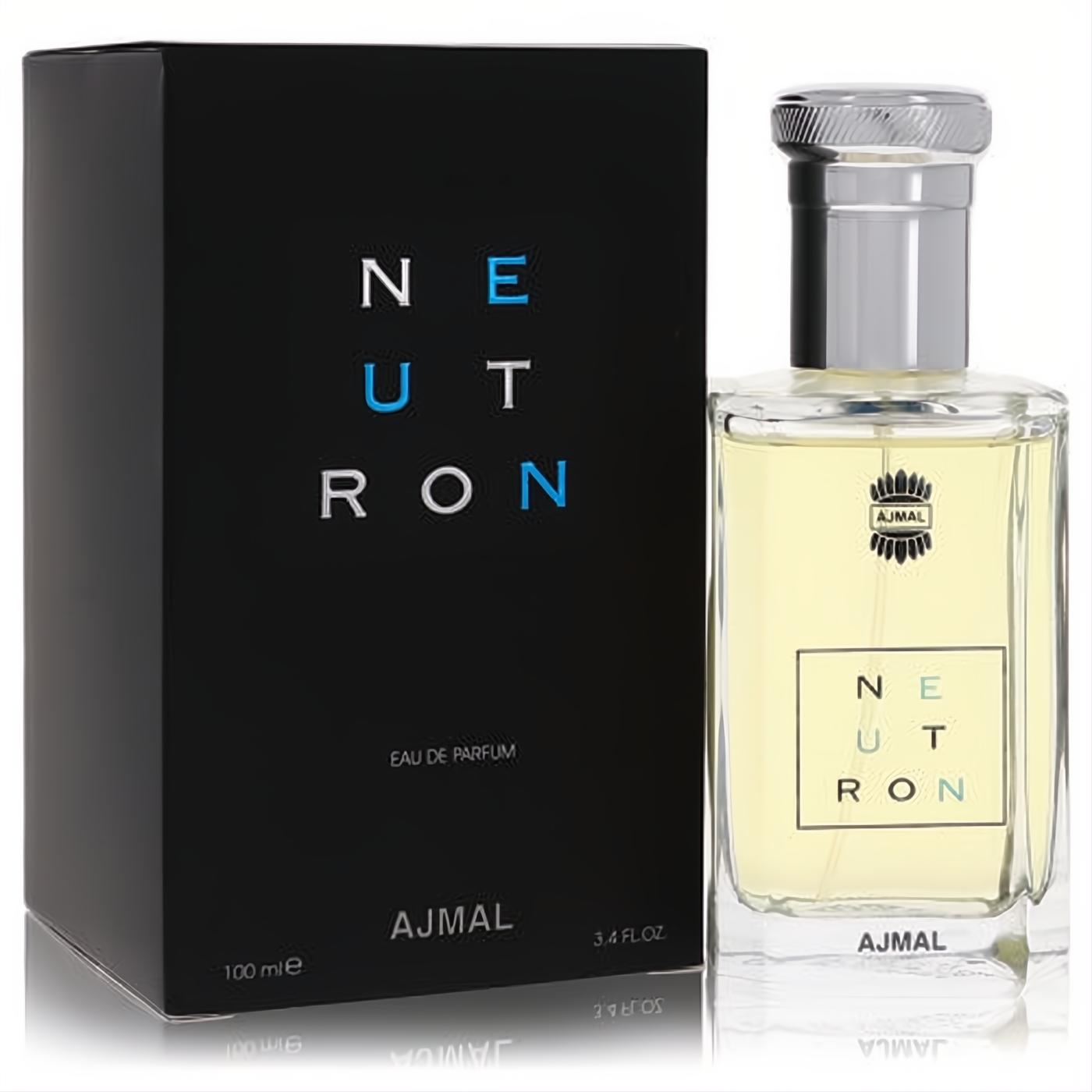 Ajmal Neutron 3.4 oz men's Eau De Parfum. Clear glass bottle with silver cap, golden liquid, and sleek black box.
