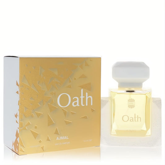 Stunning Ajmal Oath women's 3.4 oz Eau De Parfum. Clear bottle with yellow liquid, white cap, and elegant gold-white geometric box.