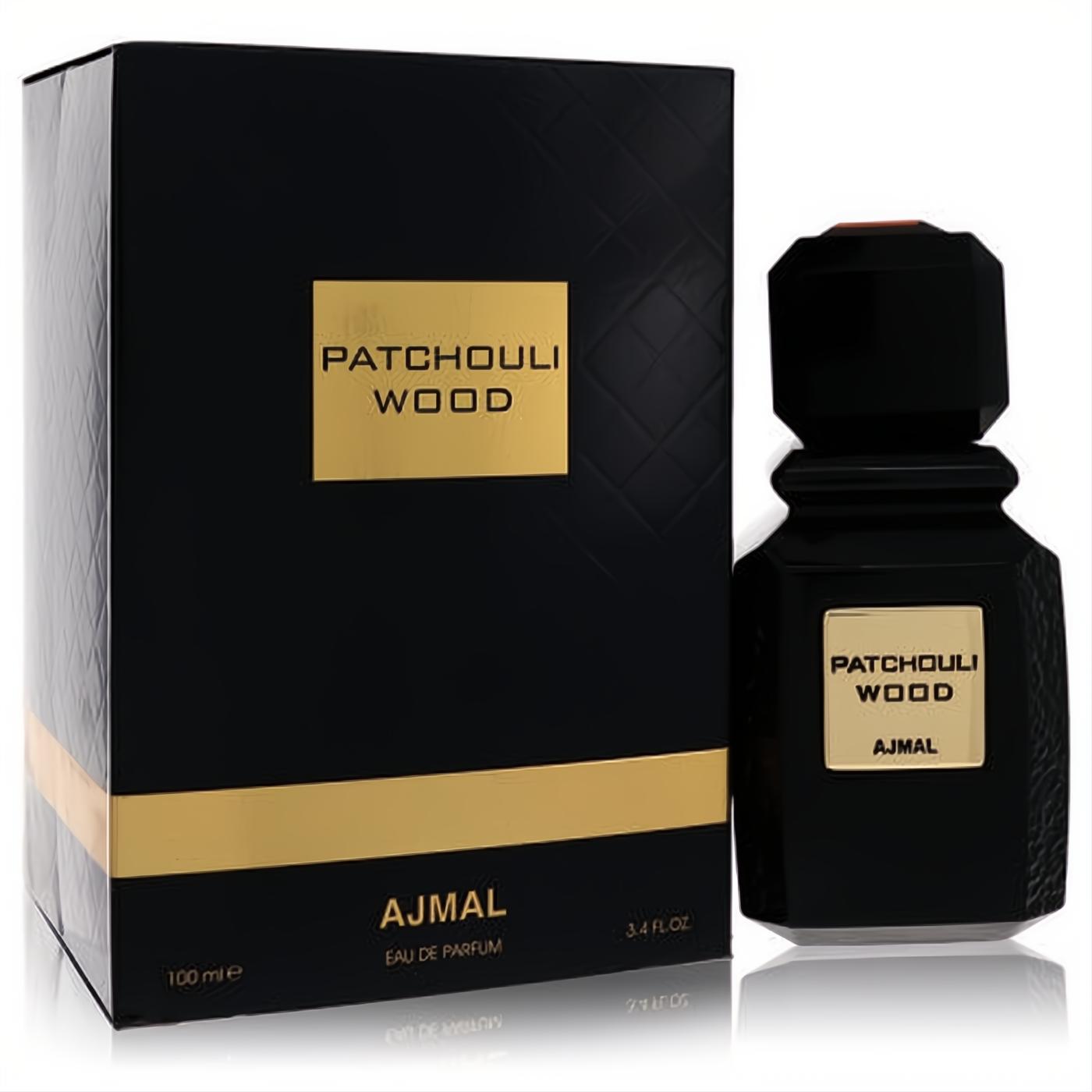 Ajmal Patchouli Wood 3.4 oz unisex EDP. Elegant black bottle with gold label and textured black box for a luxurious fragrance experience.