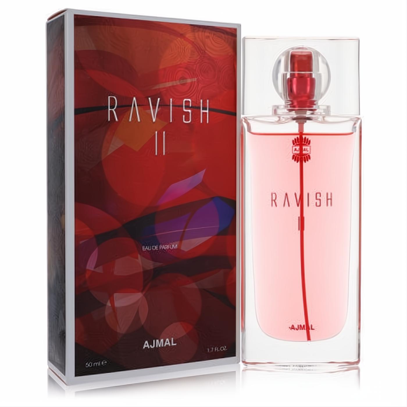 Ajmal Ravish II 1.7 oz women's EDP: a sleek clear bottle with alluring pink liquid, red cap, and vibrant red abstract box.