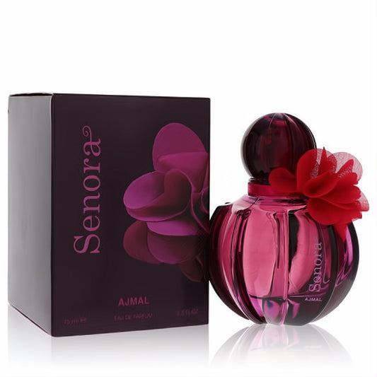 Ajmal Senora 2.5 oz women's EDP: Elegant magenta ribbed bottle with a vibrant red flower and matching plum box.