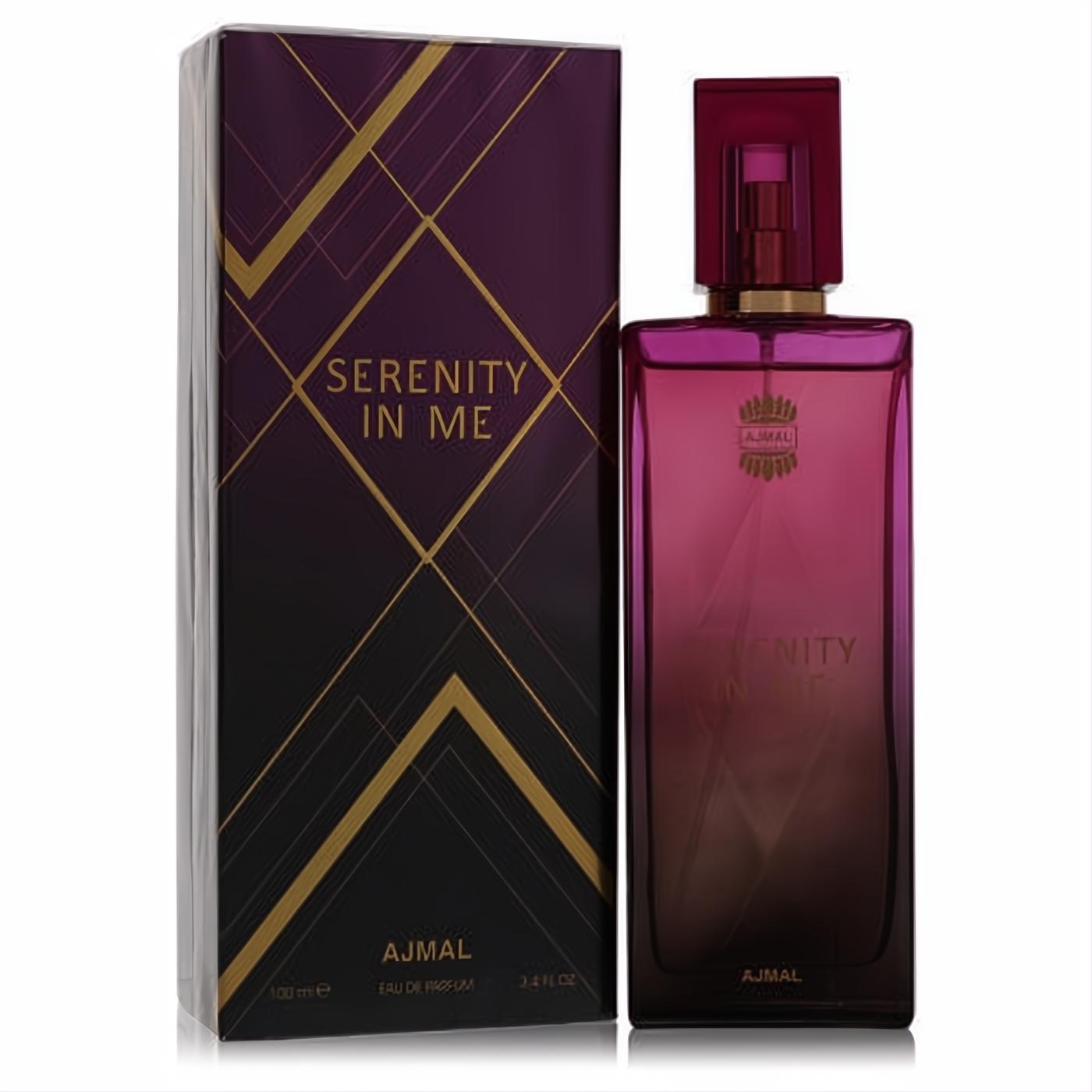 Ajmal Serenity In Me 3.4 oz EDP. Elegant magenta gradient glass bottle with gold details and a luxurious dark purple geometric box.