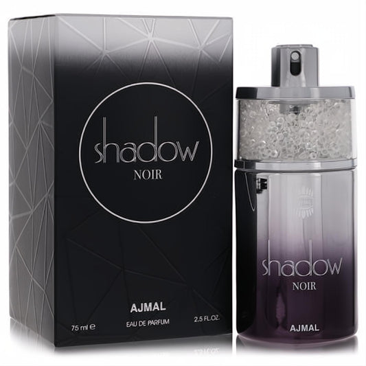 Ajmal Shadow Noir 2.5 oz EDP. Luxurious bottle with sparkling crystal cap, deep purple gradient, and sophisticated black box.