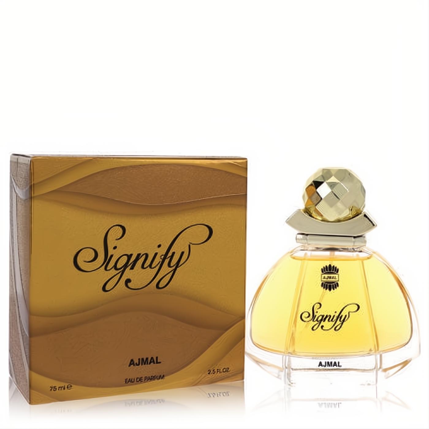 Ajmal Signify 2.5 oz women's EDP. Golden perfume in a clear, flared bottle with a sparkling faceted gold cap and luxurious gold box.