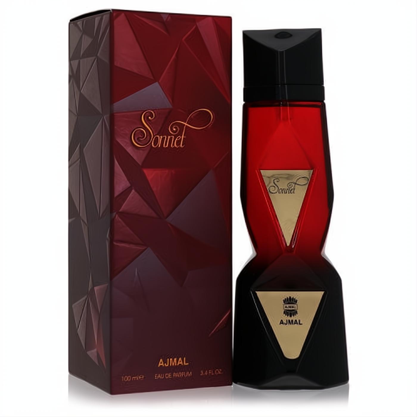 Stunning Ajmal Sonnet 3.4 oz Eau De Parfum in a faceted red bottle with black and gold accents, displayed with its luxurious geometric box.