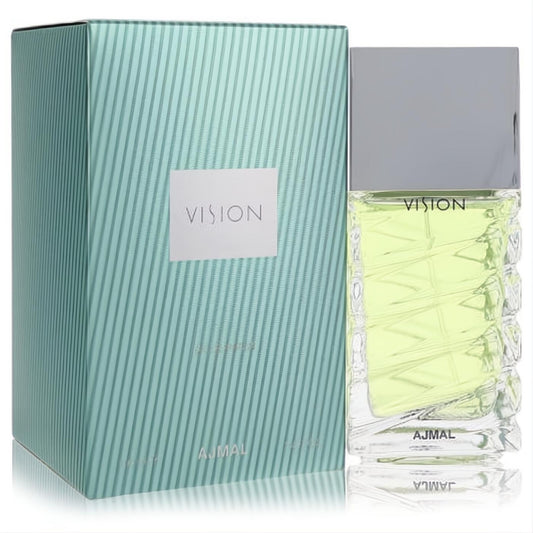 Ajmal Vision 3.4 oz women's perfume. Clear bottle with vibrant green liquid, textured glass, sleek silver cap, and stylish striped teal box.