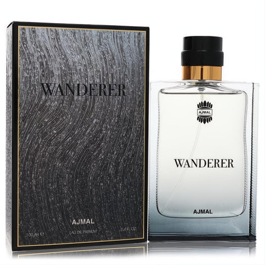 Elegant Ajmal Wanderer men's 3.4 oz EDP. Clear bottle with dark blue gradient, gold-banded black cap, and sleek textured black box.