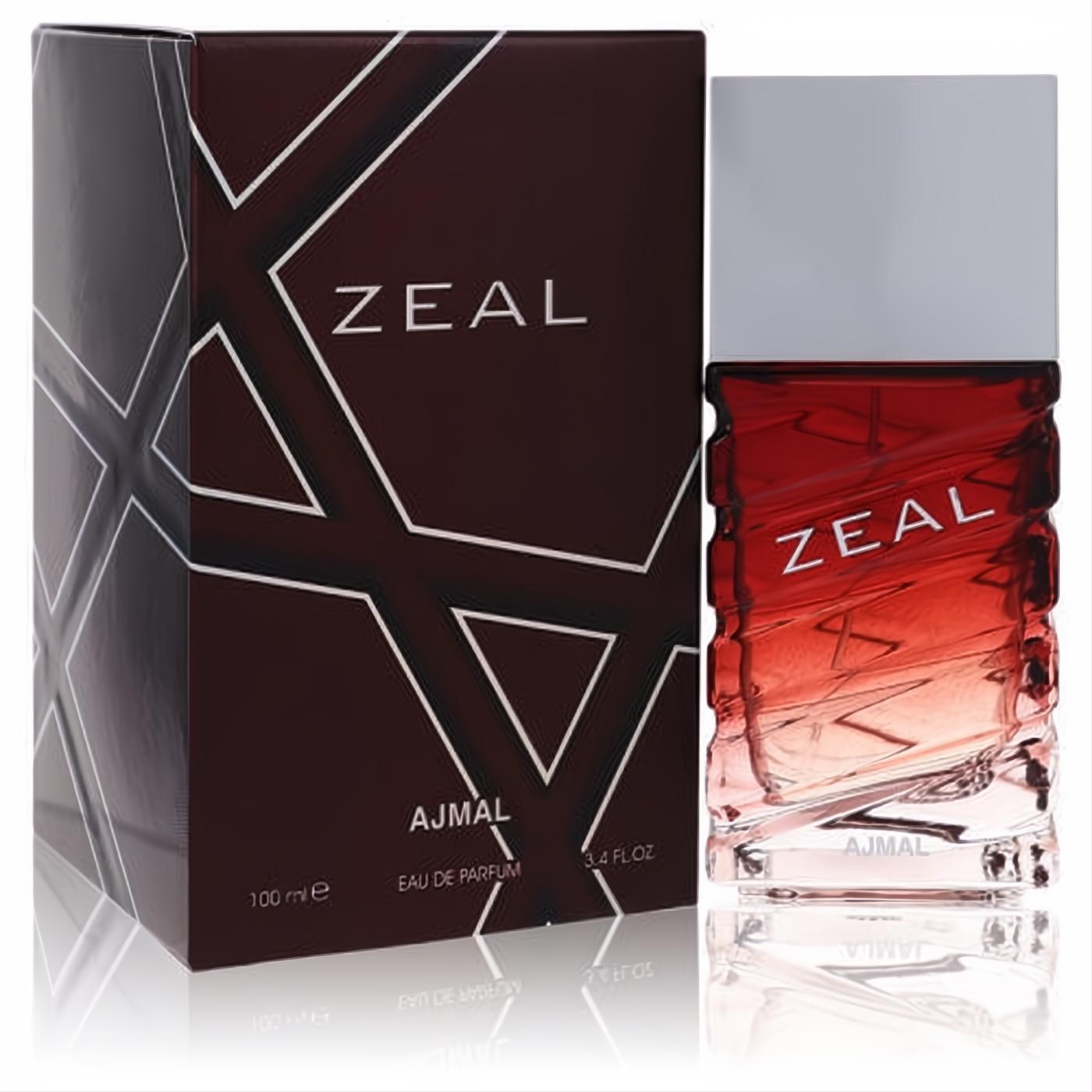 Bold Ajmal Zeal men's 3.4 oz EDP in a red textured glass bottle with a sleek silver cap and matching geometric box.