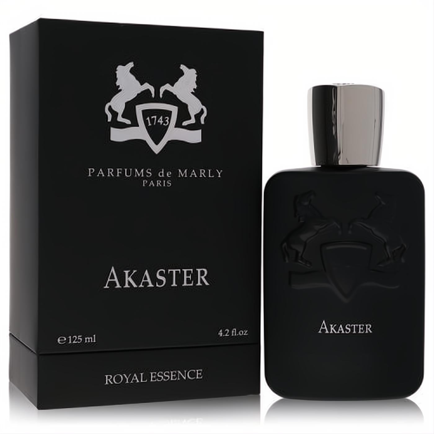 Akaster Royal Essence 4.2 oz unisex EDP spray. Sleek matte black bottle and elegant box with silver Parfums De Marly crest.