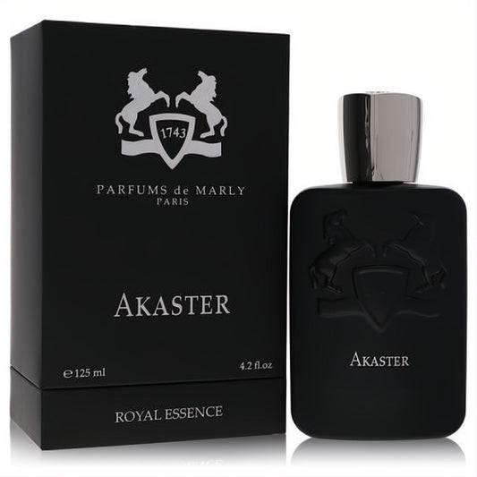 Akaster Royal Essence 4.2 oz unisex EDP spray. Sleek matte black bottle and elegant box with silver Parfums De Marly crest.