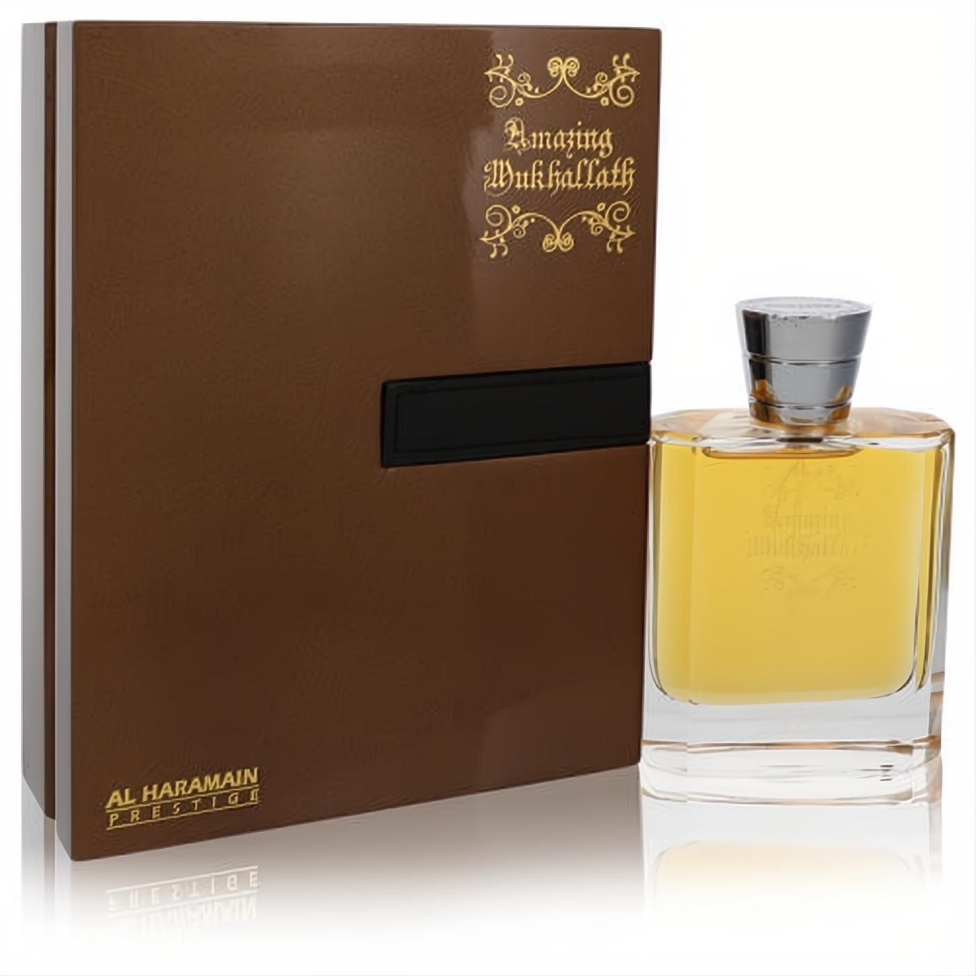 Al Haramain Amazing Mukhallath perfume: Amber liquid in a clear glass bottle, silver cap, and luxurious brown box with gold script.