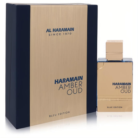 Luxurious Al Haramain Amber Oud Bleu Edition perfume. Sleek dark blue and gold bottle and matching elegant presentation box.