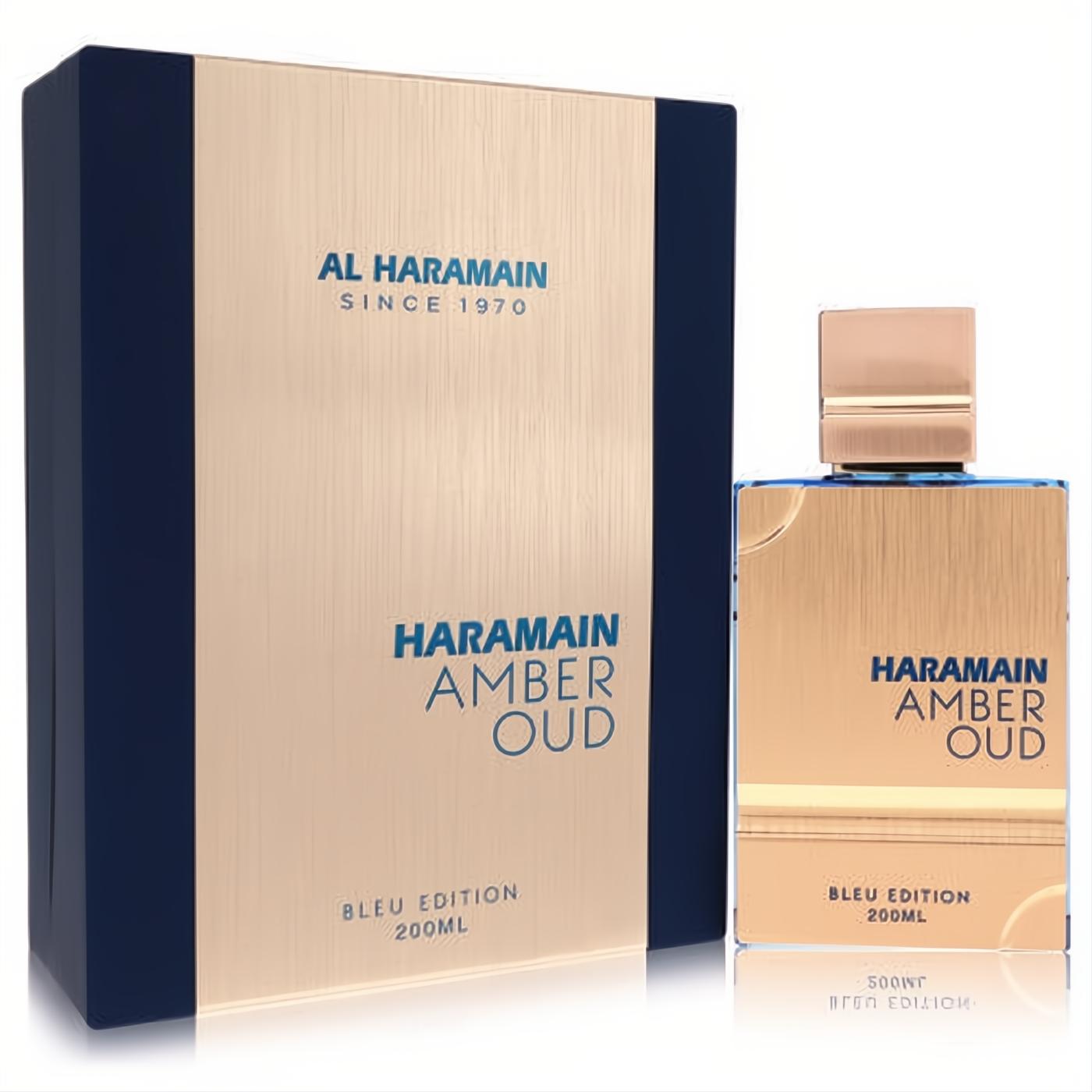 Al Haramain Amber Oud Bleu Edition 6.7 oz men's fragrance. Elegant gold metallic bottle and box with striking deep blue accents.