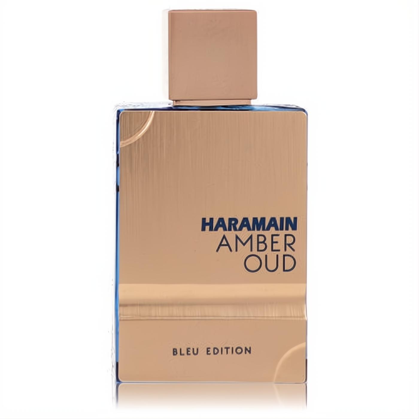 Al Haramain Amber Oud Bleu Edition men's cologne. Luxurious rose gold metallic bottle with striking blue sides and matching cap.