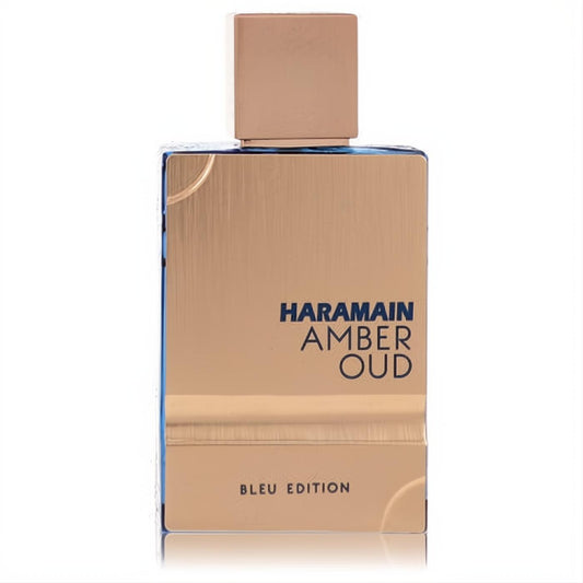 Al Haramain Amber Oud Bleu Edition men's cologne. Luxurious rose gold metallic bottle with striking blue sides and matching cap.