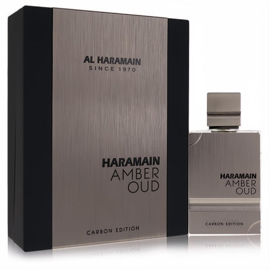 Al Haramain Amber Oud Carbon Edition 2 oz unisex perfume. Elegant metallic gray bottle and box with a modern brushed finish.