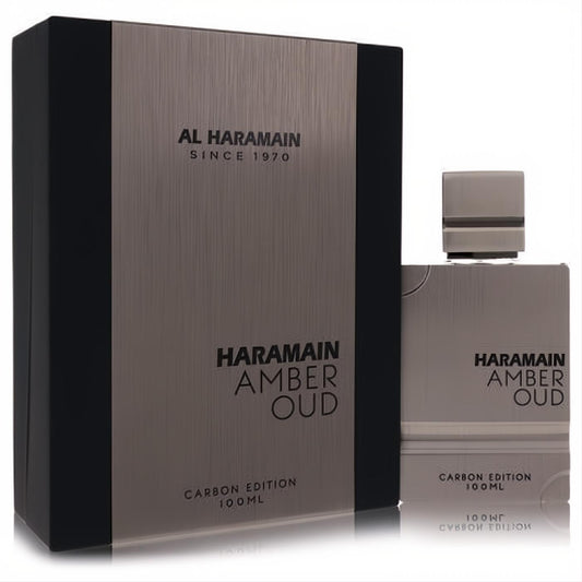 Al Haramain Amber Oud Carbon Edition 3.4 oz unisex EDP. Sleek charcoal brushed metal box and matching bottle.