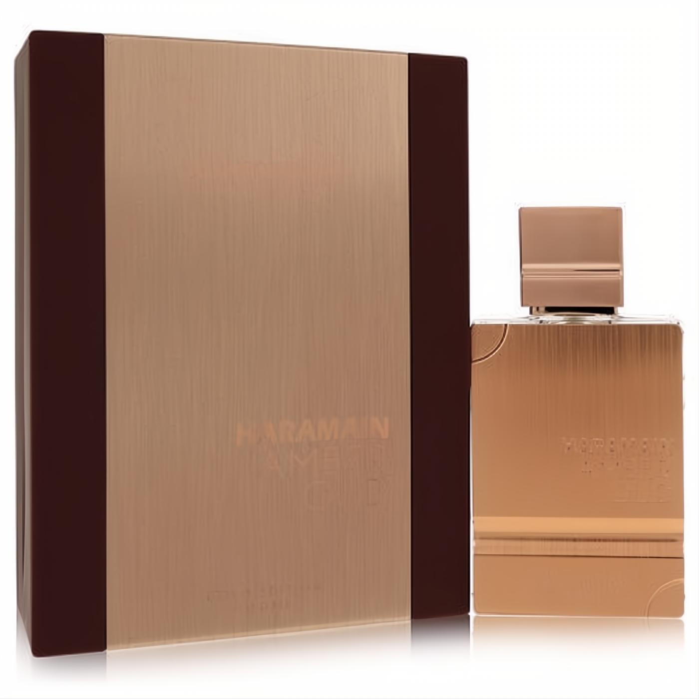 Luxurious Al Haramain Amber Oud Gold Edition 3.4 oz unisex EDP spray in a sleek rose gold bottle with matching box.