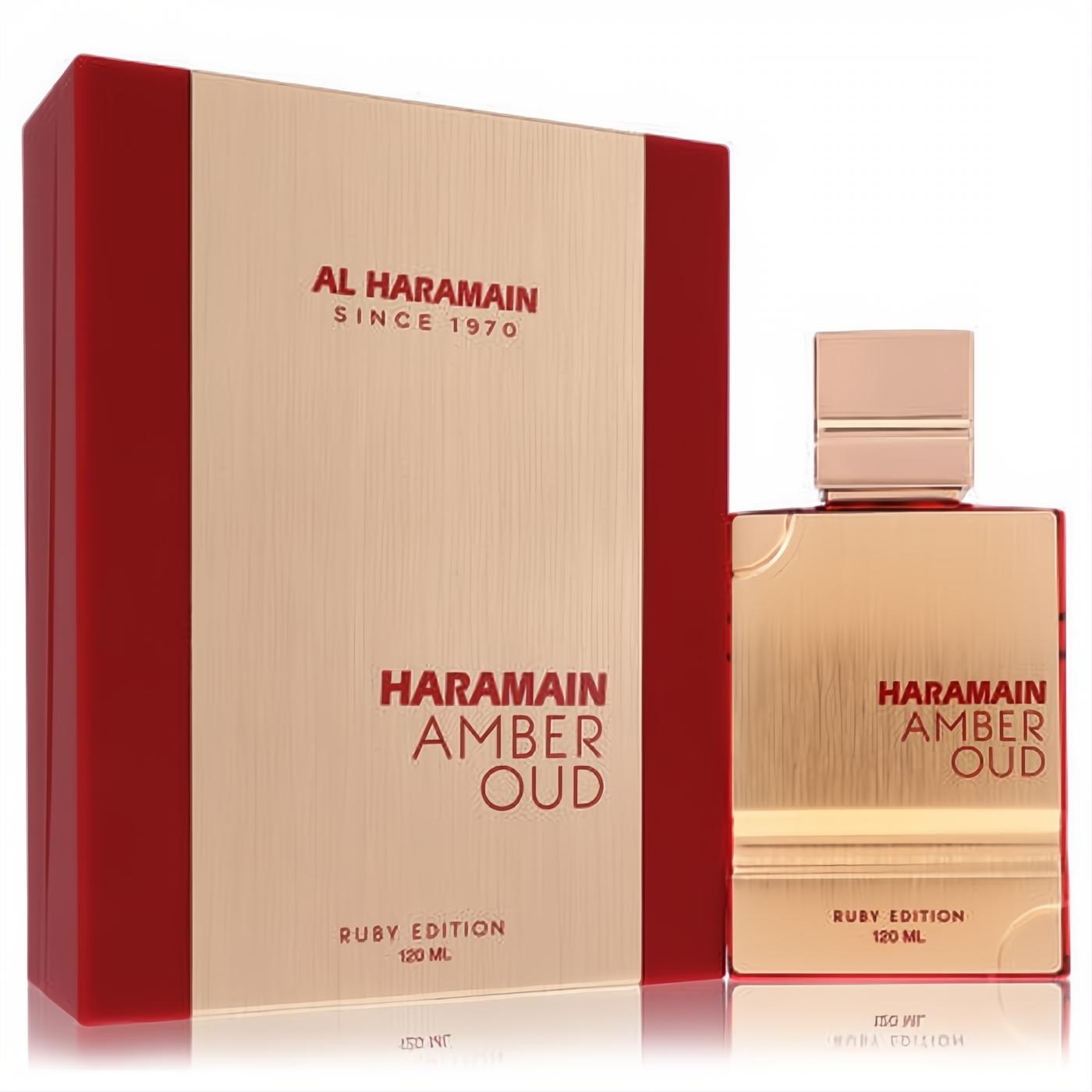 Al Haramain Amber Oud Ruby 120ml unisex EDP. Striking gold and ruby red bottle and box for a luxurious fragrance.