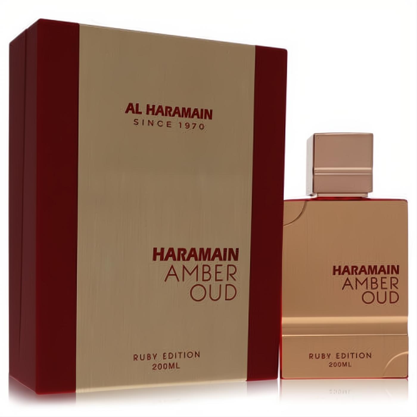 Elegant Al Haramain Amber Oud Ruby 200ml unisex EDP. Features a sleek gold bottle and a premium ruby red & gold gift box.
