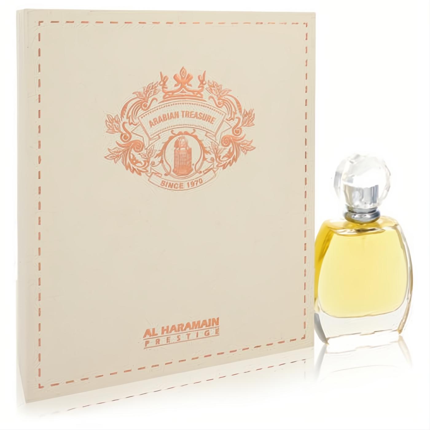 Discover Al Haramain Arabian Treasure EDP. Elegant clear glass bottle with golden liquid, sparkling faceted cap, and ornate cream box.