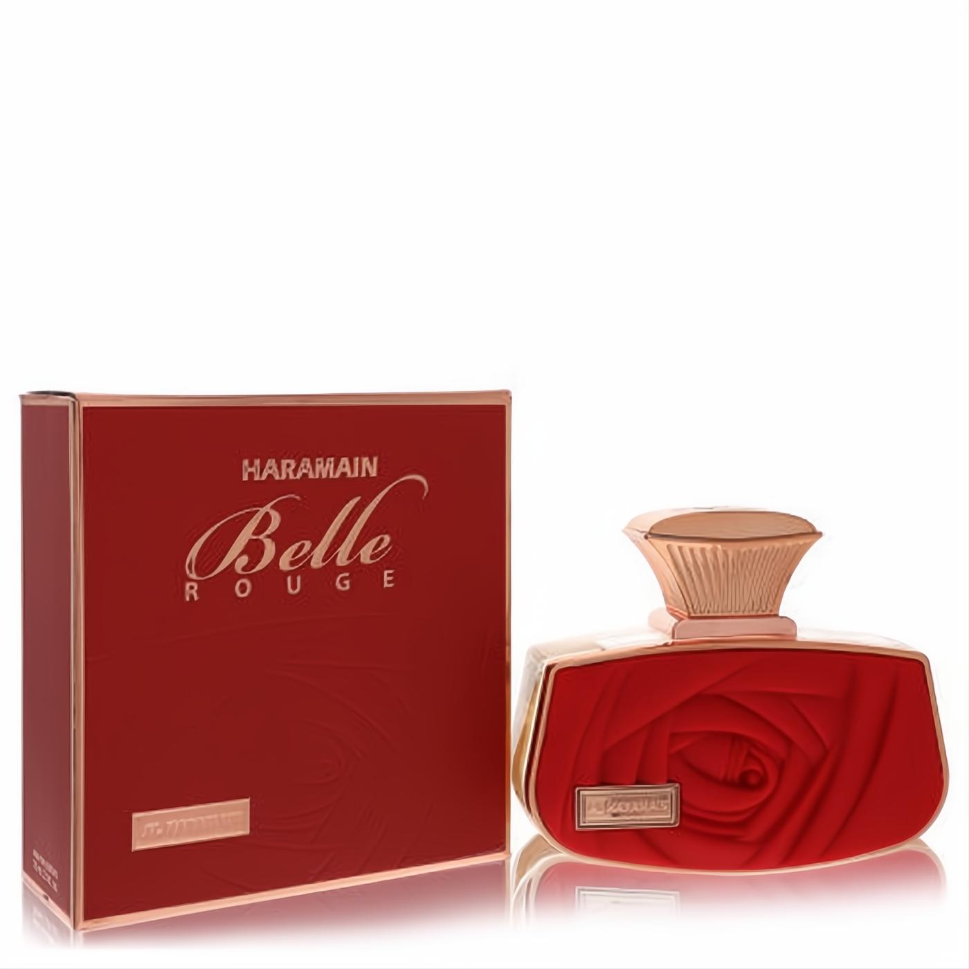 Al Haramain Belle Rouge 2.5 oz EDP. Exquisite red bottle with rose texture, elegant gold cap, and matching luxurious box.