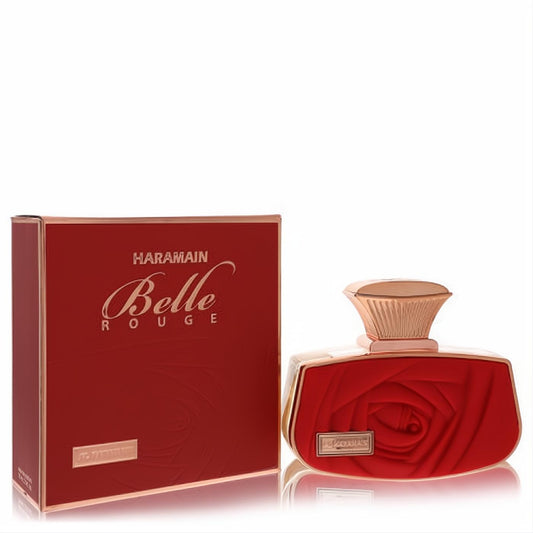 Al Haramain Belle Rouge 2.5 oz EDP. Exquisite red bottle with rose texture, elegant gold cap, and matching luxurious box.