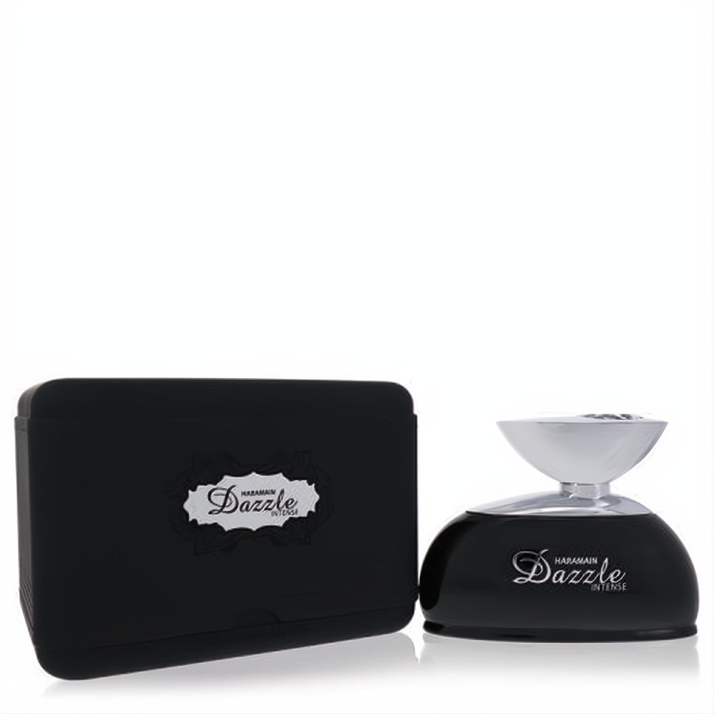 Elegant Al Haramain Dazzle Intense perfume in a glossy black bottle with a striking silver cap, accompanied by its sleek matte black case.