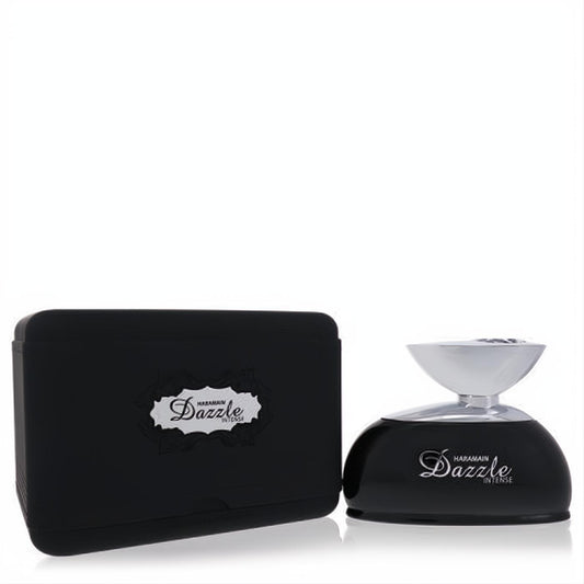 Elegant Al Haramain Dazzle Intense perfume in a glossy black bottle with a striking silver cap, accompanied by its sleek matte black case.