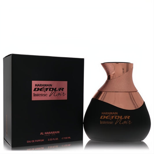 Luxurious Al Haramain Detour Noir Intense unisex EDP spray, 3.4 oz. Features a sleek black bottle with elegant rose gold accents.