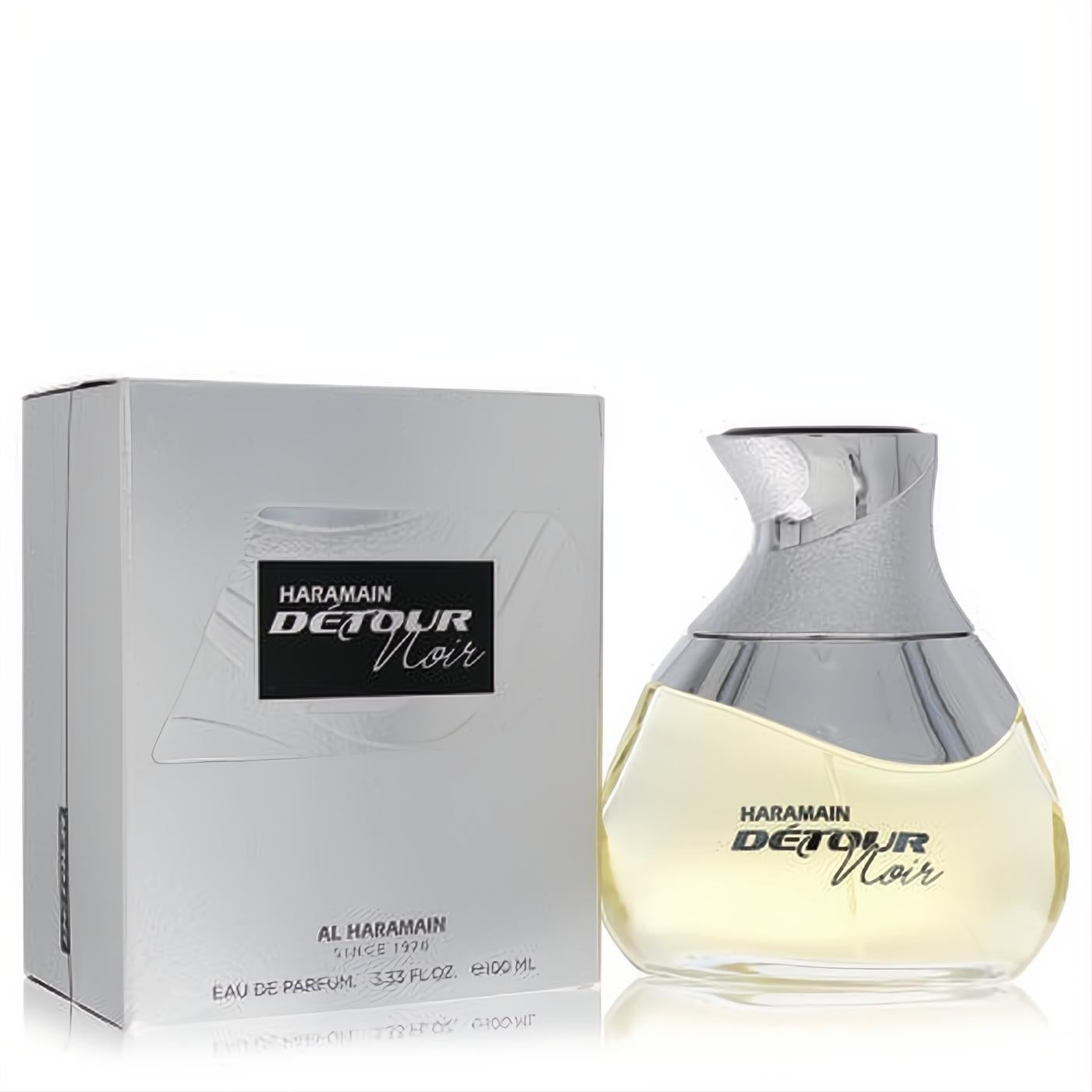 Al Haramain Detour Noir 3.4 oz unisex Eau De Parfum. Elegant clear glass bottle with unique silver cap and sleek silver box.
